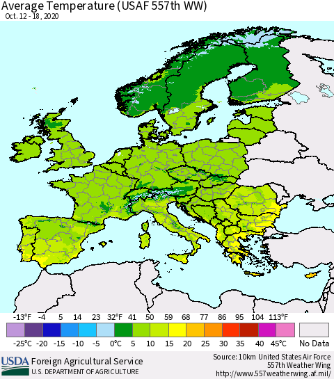 Europe Average Temperature (USAF 557th WW) Thematic Map For 10/12/2020 - 10/18/2020