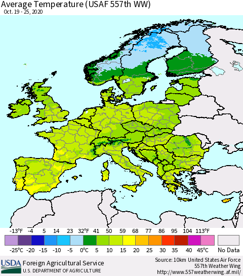 Europe Average Temperature (USAF 557th WW) Thematic Map For 10/19/2020 - 10/25/2020