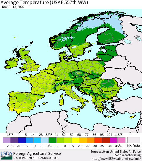 Europe Average Temperature (USAF 557th WW) Thematic Map For 11/9/2020 - 11/15/2020