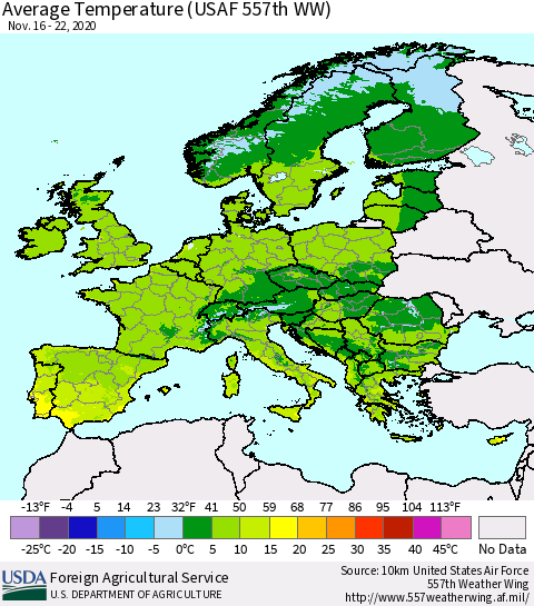 Europe Average Temperature (USAF 557th WW) Thematic Map For 11/16/2020 - 11/22/2020