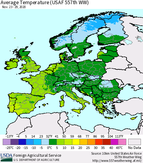 Europe Average Temperature (USAF 557th WW) Thematic Map For 11/23/2020 - 11/29/2020