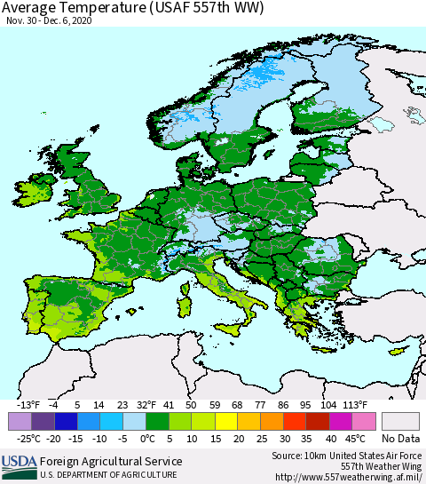 Europe Average Temperature (USAF 557th WW) Thematic Map For 11/30/2020 - 12/6/2020