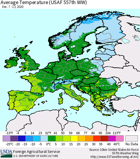 Europe Average Temperature (USAF 557th WW) Thematic Map For 12/7/2020 - 12/13/2020