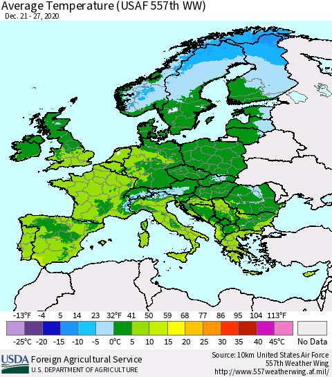 Europe Average Temperature (USAF 557th WW) Thematic Map For 12/21/2020 - 12/27/2020