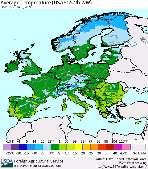 Europe Average Temperature (USAF 557th WW) Thematic Map For 12/28/2020 - 1/3/2021