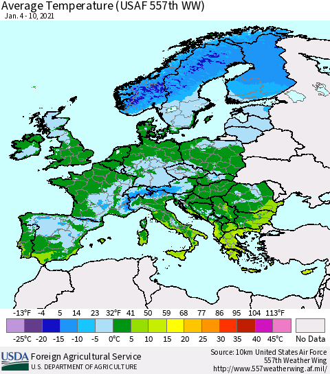 Europe Average Temperature (USAF 557th WW) Thematic Map For 1/4/2021 - 1/10/2021