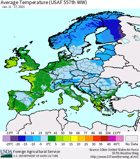 Europe Average Temperature (USAF 557th WW) Thematic Map For 1/11/2021 - 1/17/2021