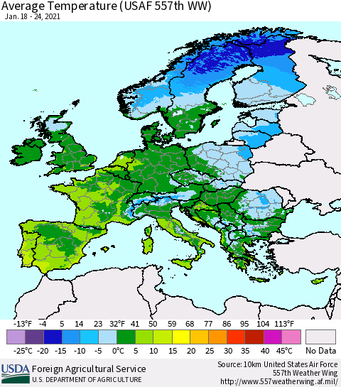 Europe Average Temperature (USAF 557th WW) Thematic Map For 1/18/2021 - 1/24/2021