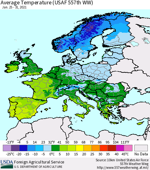 Europe Average Temperature (USAF 557th WW) Thematic Map For 1/25/2021 - 1/31/2021