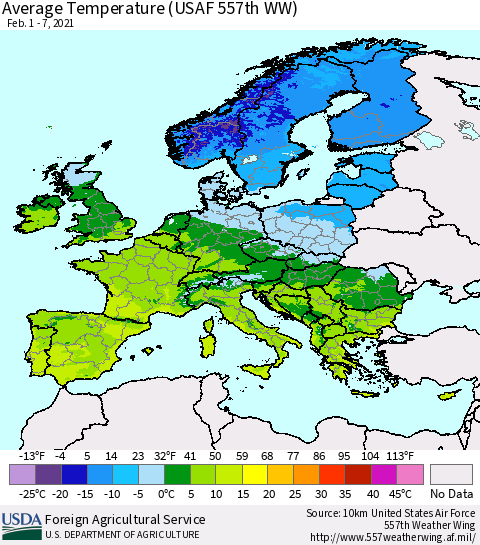 Europe Average Temperature (USAF 557th WW) Thematic Map For 2/1/2021 - 2/7/2021