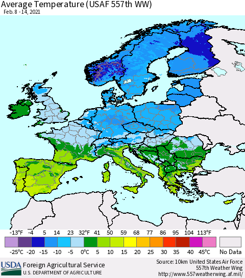 Europe Average Temperature (USAF 557th WW) Thematic Map For 2/8/2021 - 2/14/2021