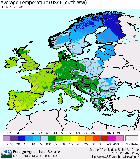 Europe Average Temperature (USAF 557th WW) Thematic Map For 2/15/2021 - 2/21/2021
