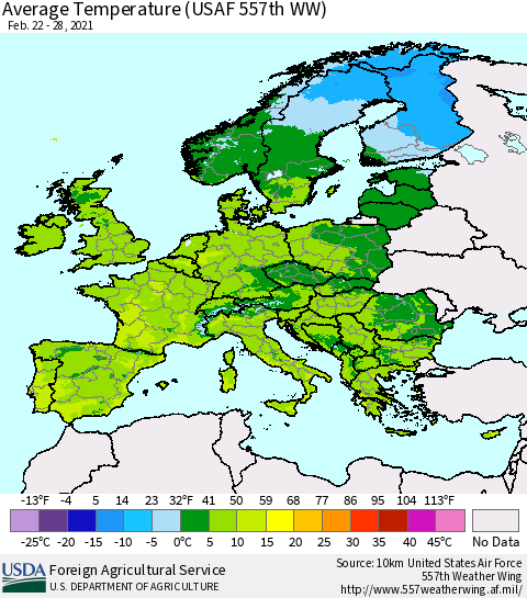 Europe Average Temperature (USAF 557th WW) Thematic Map For 2/22/2021 - 2/28/2021