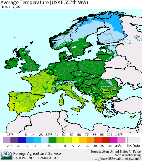 Europe Average Temperature (USAF 557th WW) Thematic Map For 3/1/2021 - 3/7/2021