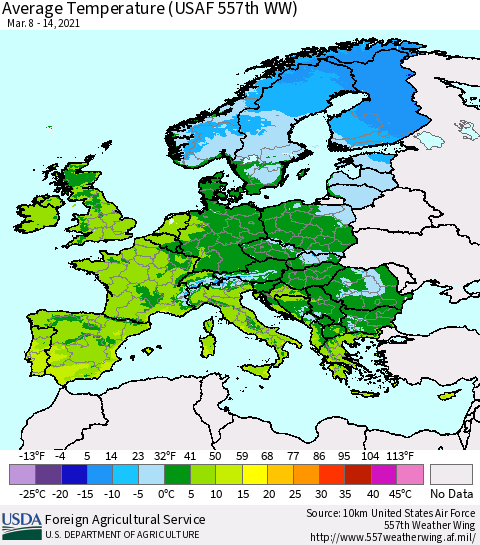 Europe Average Temperature (USAF 557th WW) Thematic Map For 3/8/2021 - 3/14/2021