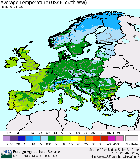 Europe Average Temperature (USAF 557th WW) Thematic Map For 3/15/2021 - 3/21/2021
