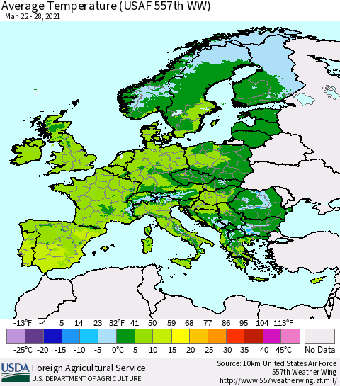 Europe Average Temperature (USAF 557th WW) Thematic Map For 3/22/2021 - 3/28/2021