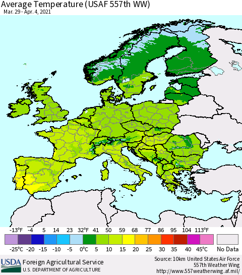 Europe Average Temperature (USAF 557th WW) Thematic Map For 3/29/2021 - 4/4/2021
