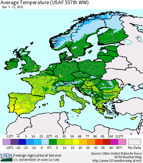 Europe Average Temperature (USAF 557th WW) Thematic Map For 4/5/2021 - 4/11/2021