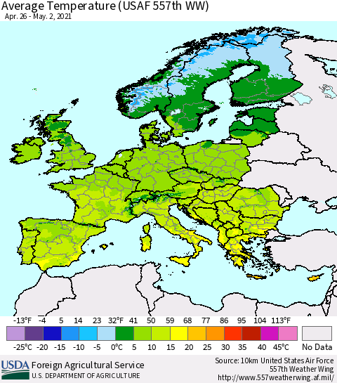 Europe Average Temperature (USAF 557th WW) Thematic Map For 4/26/2021 - 5/2/2021