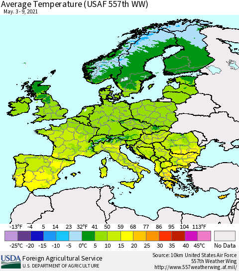 Europe Average Temperature (USAF 557th WW) Thematic Map For 5/3/2021 - 5/9/2021