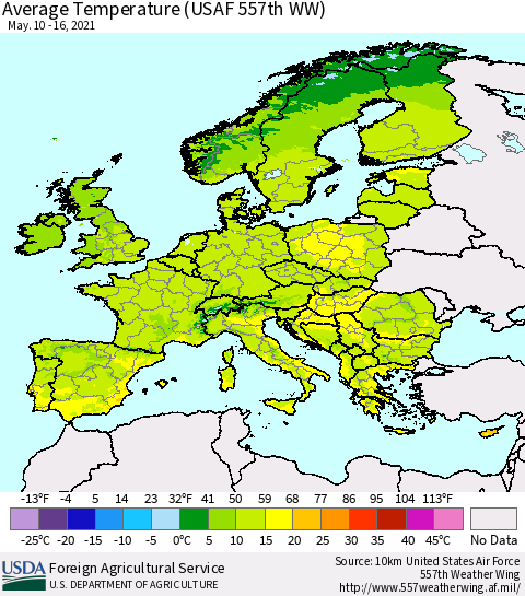 Europe Average Temperature (USAF 557th WW) Thematic Map For 5/10/2021 - 5/16/2021
