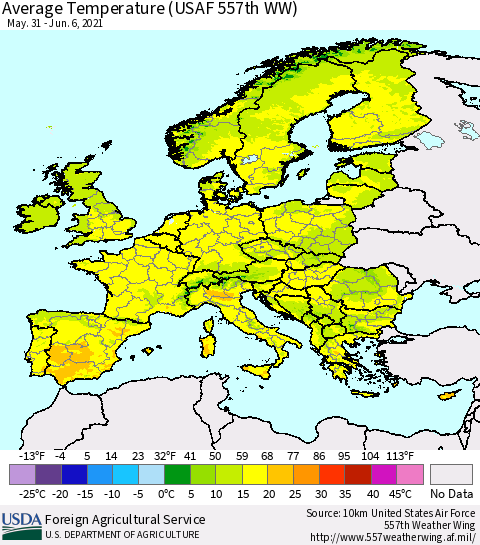 Europe Average Temperature (USAF 557th WW) Thematic Map For 5/31/2021 - 6/6/2021