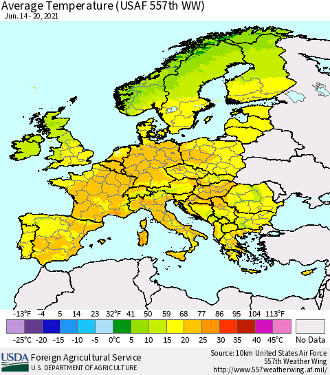 Europe Average Temperature (USAF 557th WW) Thematic Map For 6/14/2021 - 6/20/2021