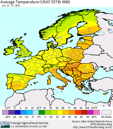 Europe Average Temperature (USAF 557th WW) Thematic Map For 6/21/2021 - 6/27/2021