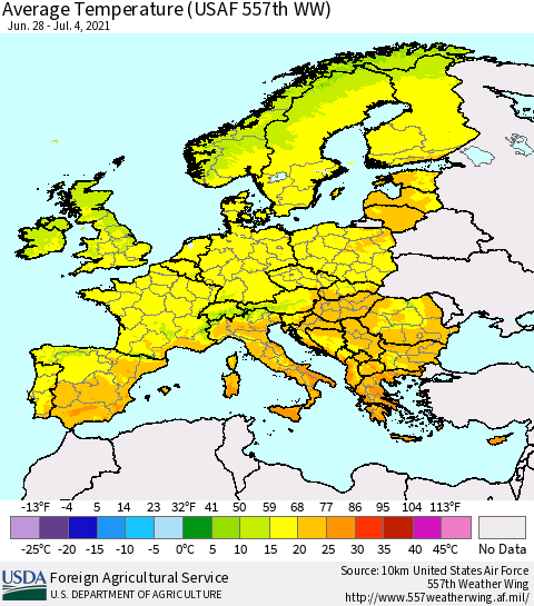 Europe Average Temperature (USAF 557th WW) Thematic Map For 6/28/2021 - 7/4/2021