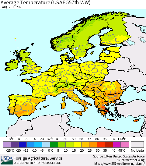 Europe Average Temperature (USAF 557th WW) Thematic Map For 8/2/2021 - 8/8/2021
