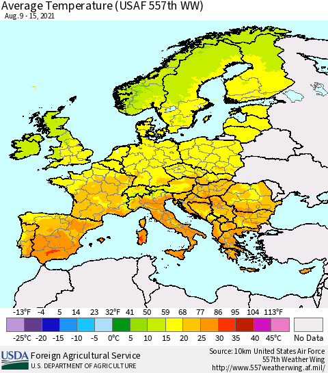 Europe Average Temperature (USAF 557th WW) Thematic Map For 8/9/2021 - 8/15/2021