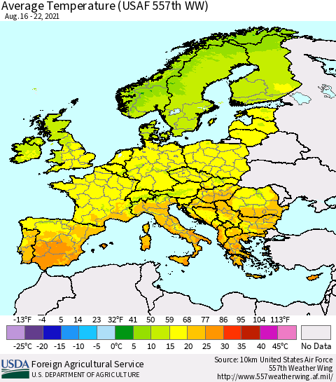 Europe Average Temperature (USAF 557th WW) Thematic Map For 8/16/2021 - 8/22/2021