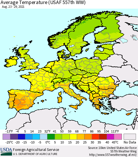 Europe Average Temperature (USAF 557th WW) Thematic Map For 8/23/2021 - 8/29/2021