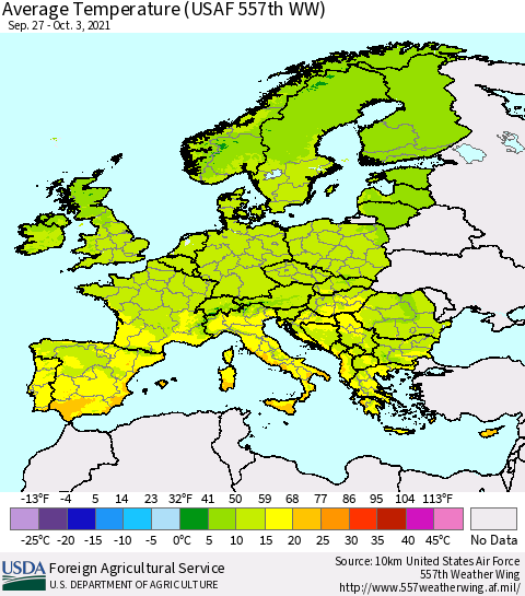 Europe Average Temperature (USAF 557th WW) Thematic Map For 9/27/2021 - 10/3/2021