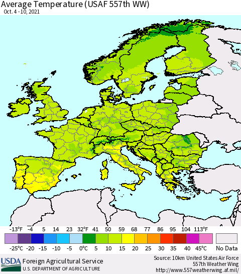 Europe Average Temperature (USAF 557th WW) Thematic Map For 10/4/2021 - 10/10/2021