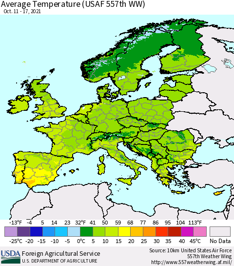 Europe Average Temperature (USAF 557th WW) Thematic Map For 10/11/2021 - 10/17/2021