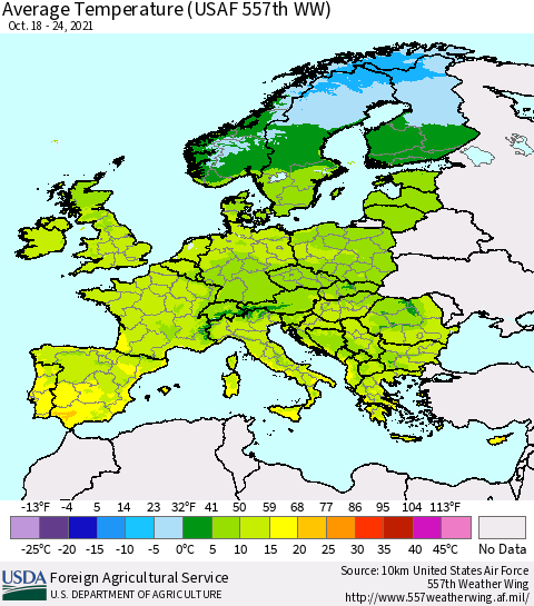 Europe Average Temperature (USAF 557th WW) Thematic Map For 10/18/2021 - 10/24/2021