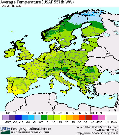 Europe Average Temperature (USAF 557th WW) Thematic Map For 10/25/2021 - 10/31/2021