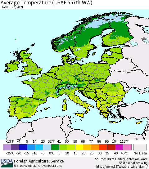 Europe Average Temperature (USAF 557th WW) Thematic Map For 11/1/2021 - 11/7/2021