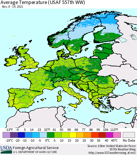 Europe Average Temperature (USAF 557th WW) Thematic Map For 11/8/2021 - 11/14/2021