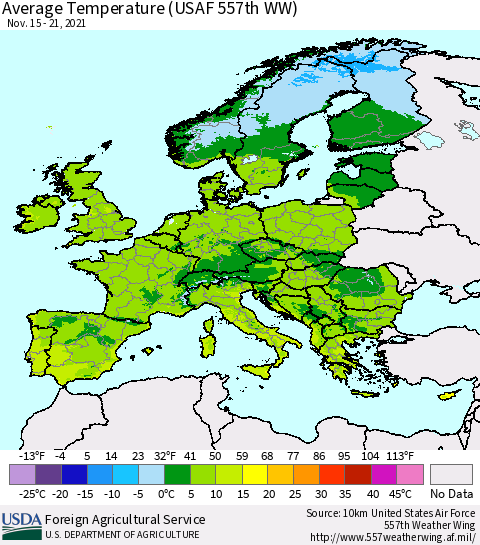 Europe Average Temperature (USAF 557th WW) Thematic Map For 11/15/2021 - 11/21/2021