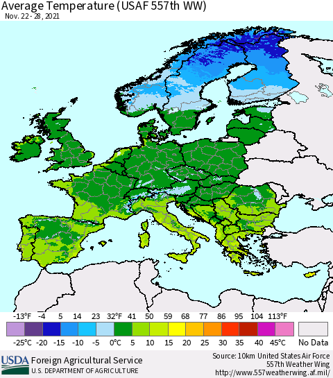 Europe Average Temperature (USAF 557th WW) Thematic Map For 11/22/2021 - 11/28/2021