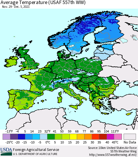 Europe Average Temperature (USAF 557th WW) Thematic Map For 11/29/2021 - 12/5/2021