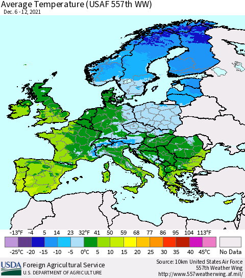 Europe Average Temperature (USAF 557th WW) Thematic Map For 12/6/2021 - 12/12/2021