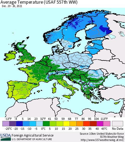 Europe Average Temperature (USAF 557th WW) Thematic Map For 12/20/2021 - 12/26/2021