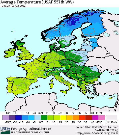 Europe Average Temperature (USAF 557th WW) Thematic Map For 12/27/2021 - 1/2/2022