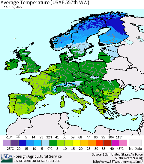 Europe Average Temperature (USAF 557th WW) Thematic Map For 1/3/2022 - 1/9/2022