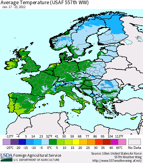 Europe Average Temperature (USAF 557th WW) Thematic Map For 1/17/2022 - 1/23/2022