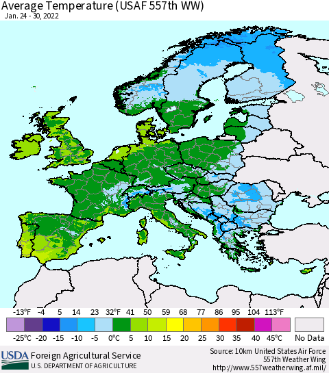 Europe Average Temperature (USAF 557th WW) Thematic Map For 1/24/2022 - 1/30/2022